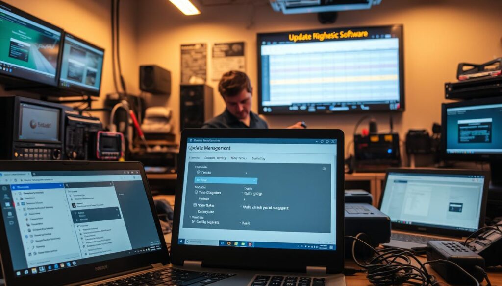 Shop technician following update checklist while installing diagnostic software