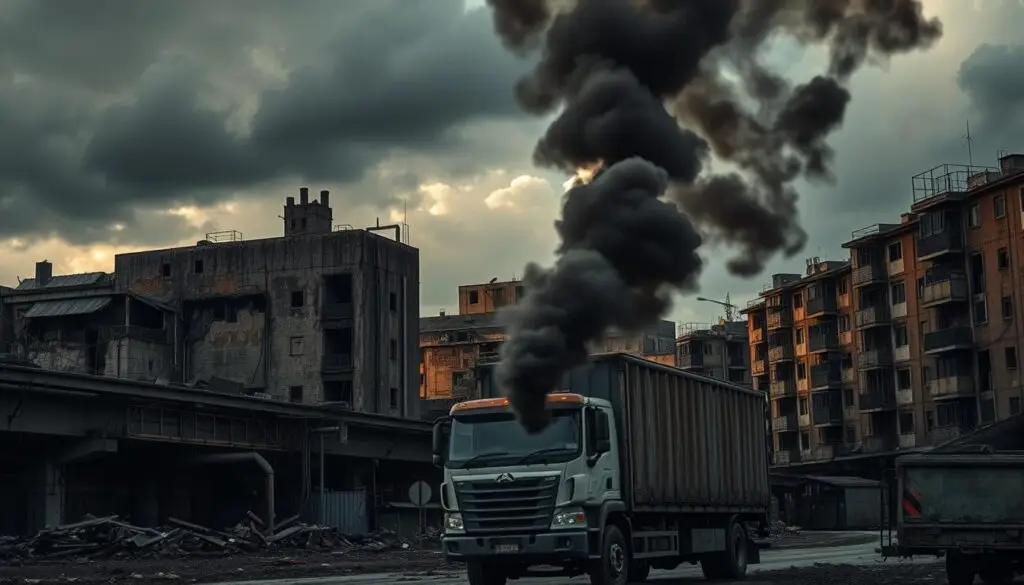 Delivery truck in stop-and-go urban traffic demonstrating conditions that prevent passive DPF regeneration