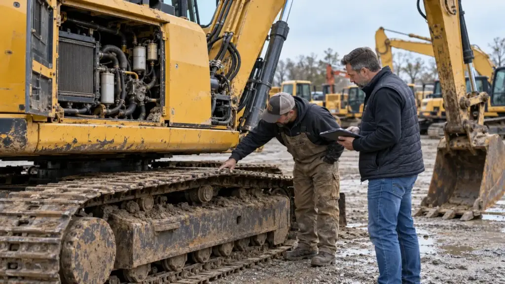 Heavy equipment technician and buyer inspecting a used excavator’s undercarriage and engine compartment in an equipment yard before purchase.