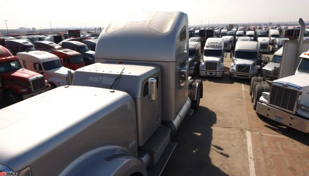 Commercial truck auction yard showing Class 8 sleeper tractors lined up for sale