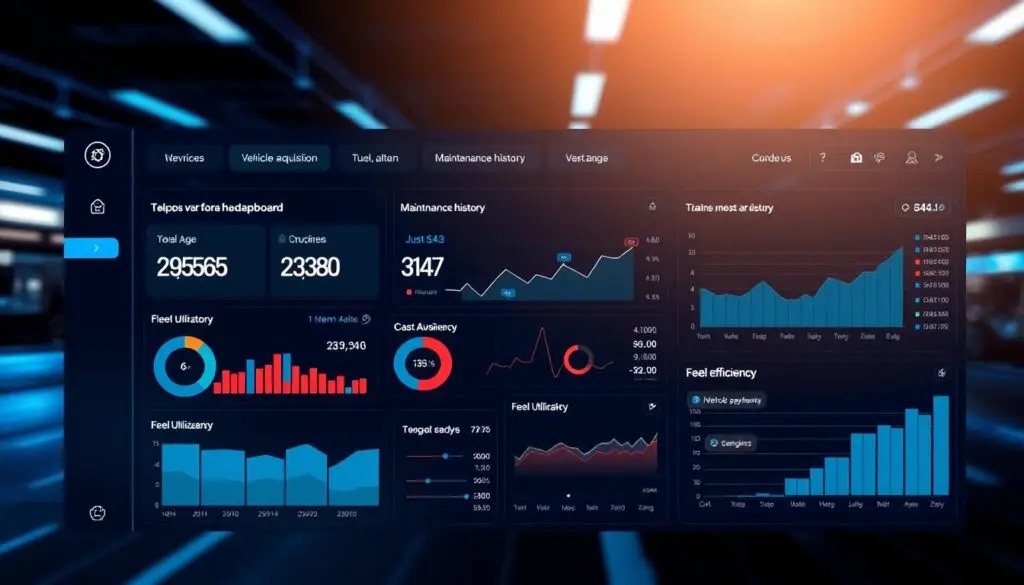 Fleet asset management dashboard displaying vehicle specifications, utilization metrics, and maintenance schedules