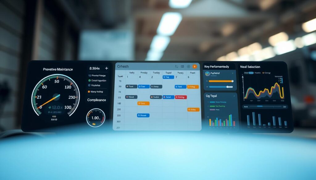 Vehicle compliance tracking software dashboard displaying preventive maintenance scheduling, inspection due dates, and service history