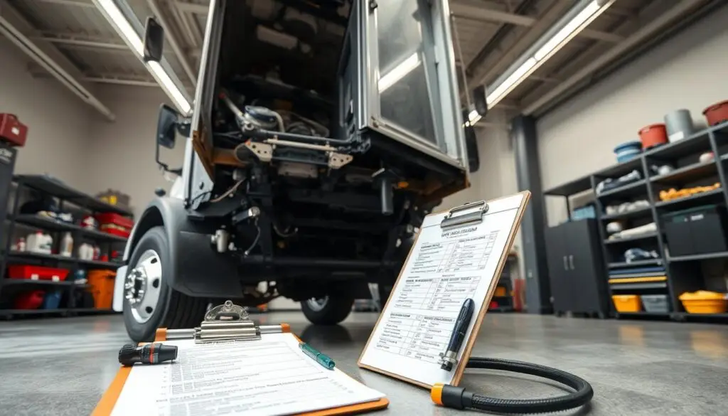 Diesel technician inspecting truck engine components during pre-purchase evaluation
