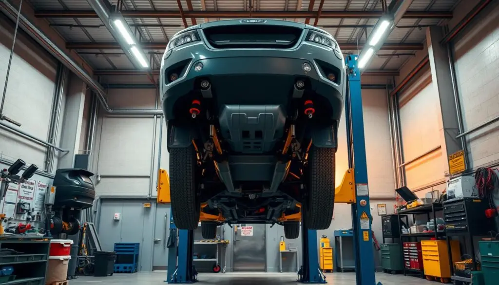 Diesel shop vehicle lift undergoing safety inspection with technician checking mechanical locks