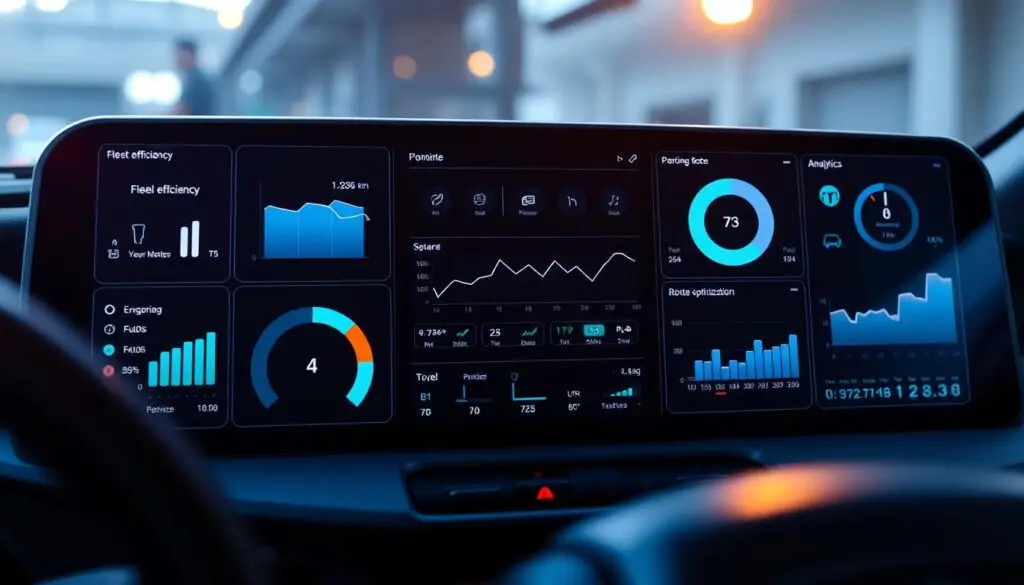 Vehicle telematics dashboard displaying fleet performance metrics including fuel efficiency and engine diagnostics