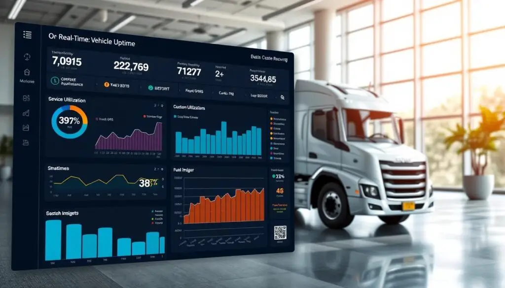 Dashboard display showing fleet uptime metrics, maintenance compliance rates, and cost per mile calculations