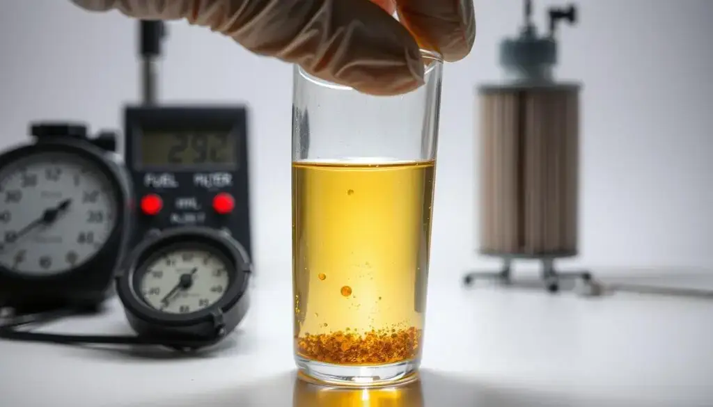 Fleet technician examining diesel fuel sample in clear container for contamination signs