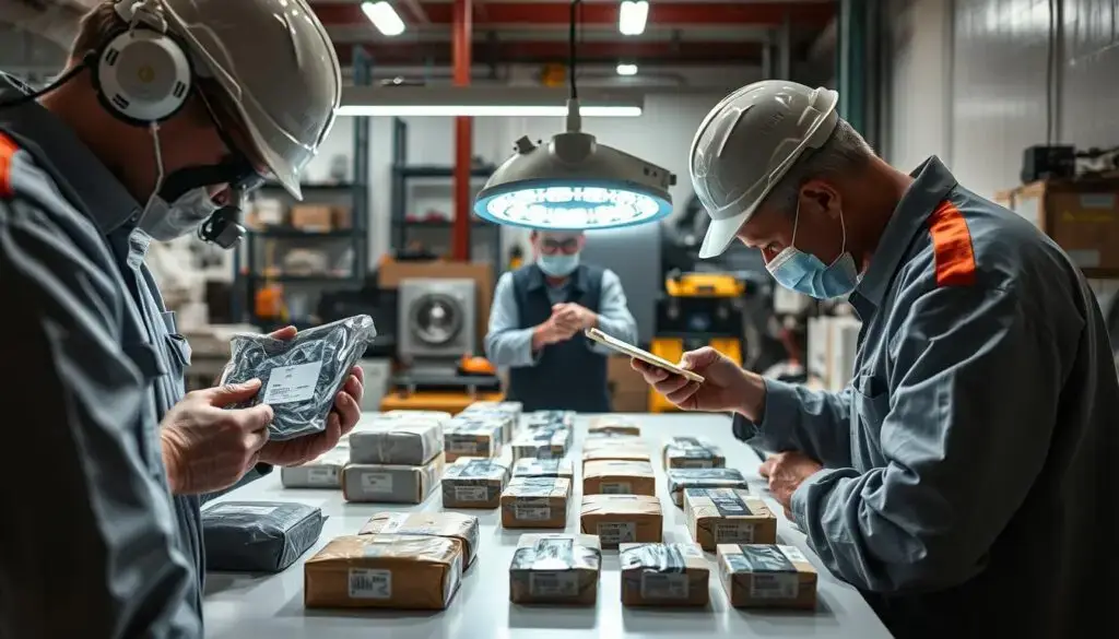Heavy duty parts packaging comparison showing authentic security features versus counterfeit indicators