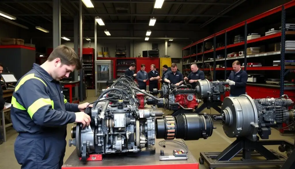 Students working on a diesel engine in a vocational training shop classroom