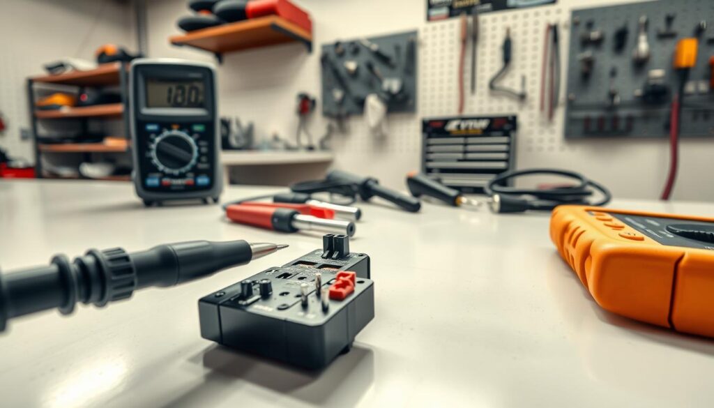 Technician performing voltage testing procedures on 7-way trailer connector using digital multimeter
