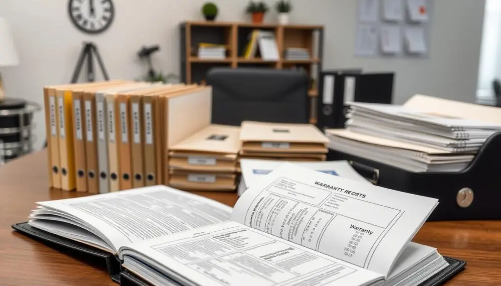 Organized maintenance records filing system with digital backup for fleet warranty documentation