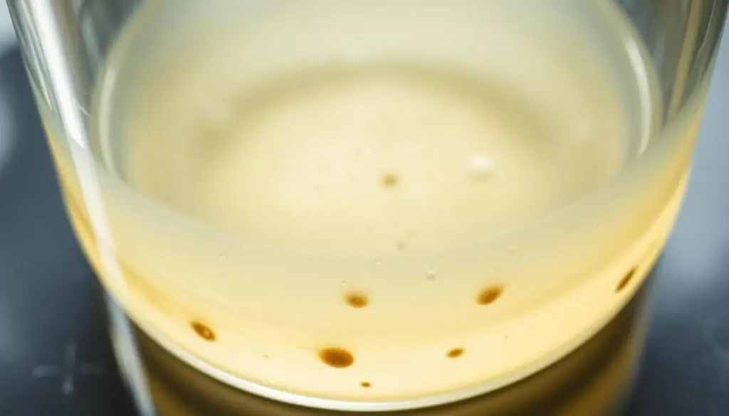 Water droplets visible in diesel fuel sample indicating contamination