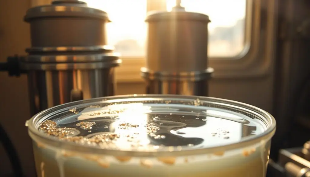 Close-up of diesel fuel water separator bowl showing water layer separation from clean fuel