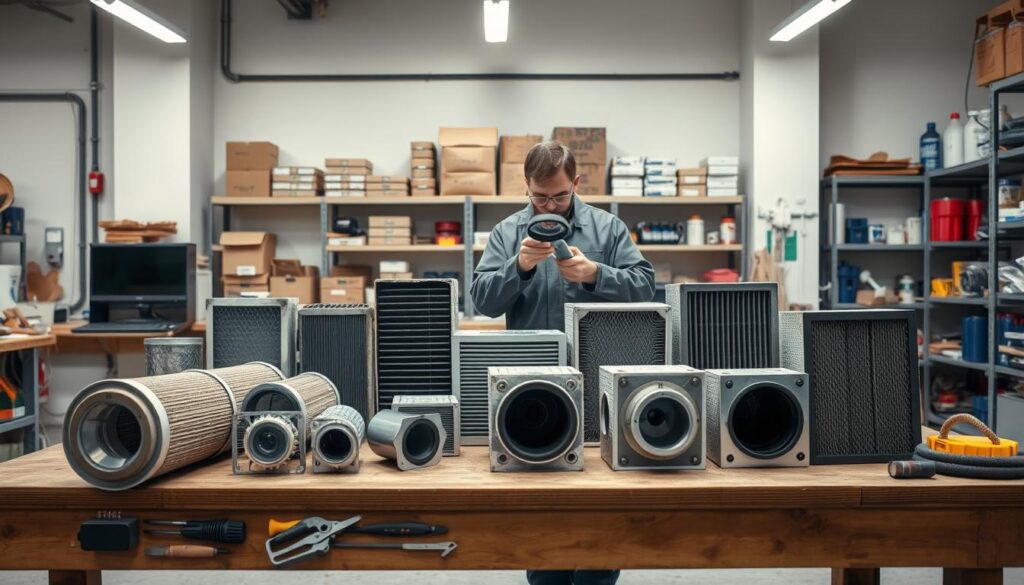Fleet technician inspecting and cleaning pneumatic tool air filter element during weekly maintenance routine