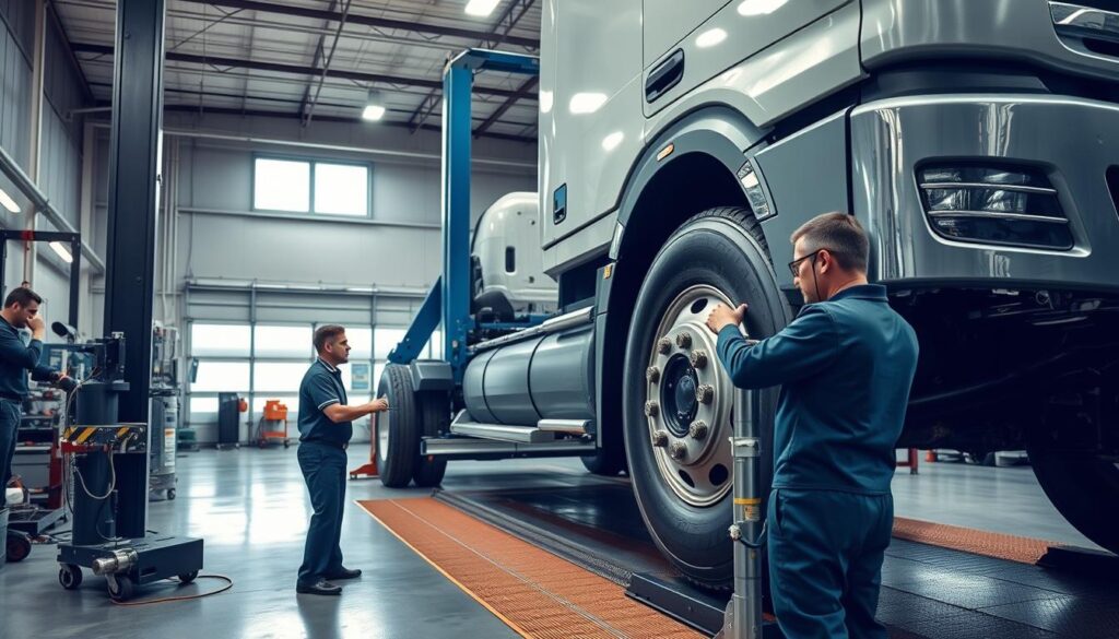 Commercial truck wheel balancing equipment in a professional service shop