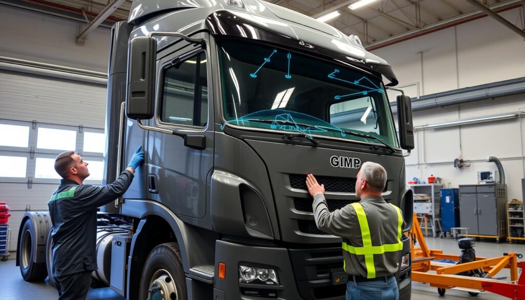 Technician calibrating ADAS after heavy truck windshield replacement