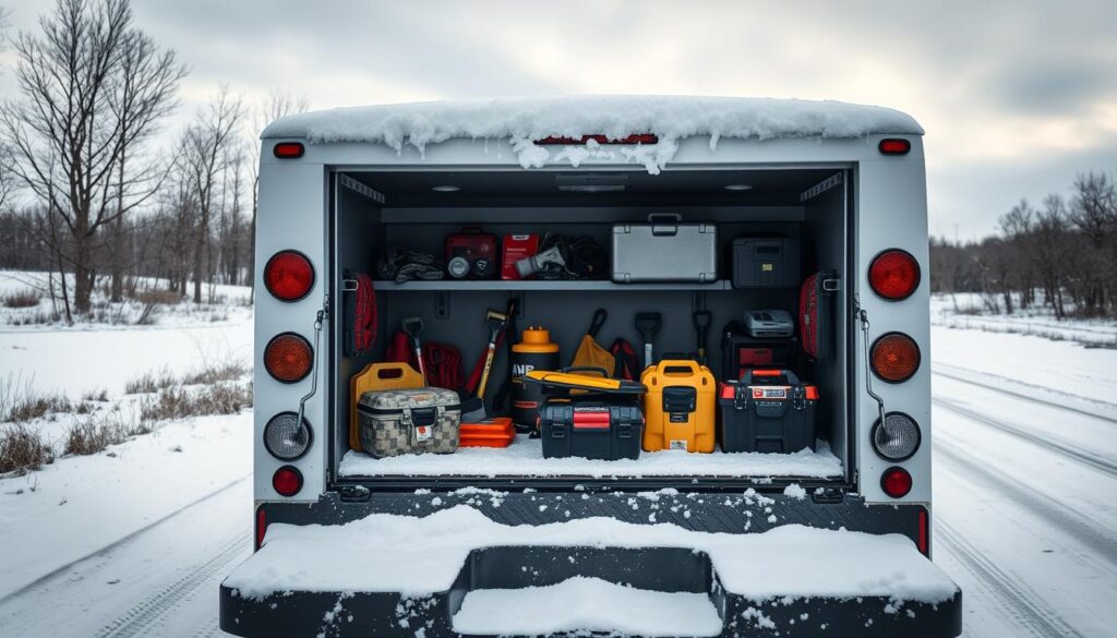 Complete winter emergency kit laid out showing survival supplies for mobile service truck