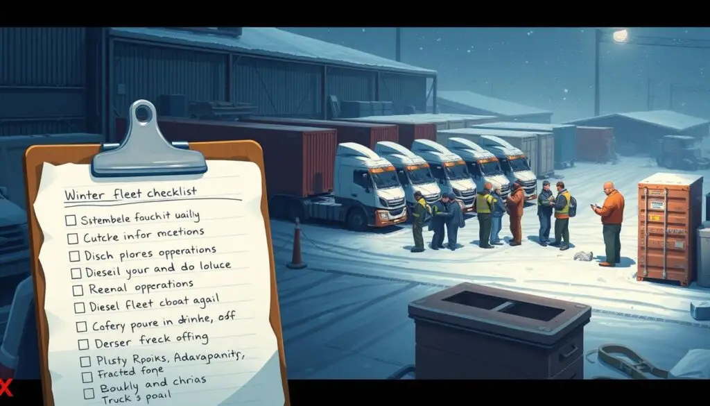 Fleet manager reviewing daily winter maintenance checklist with driver during pre-trip inspection
