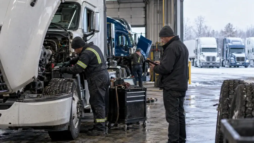 Fleet technicians performing pre-winter maintenance on heavy-duty trucks while a fleet manager reviews the maintenance program in a cold-weather service facility.
