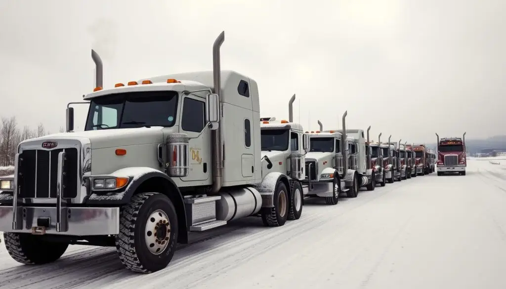 Commercial diesel trucks undergoing winter fleet readiness inspection in maintenance facility