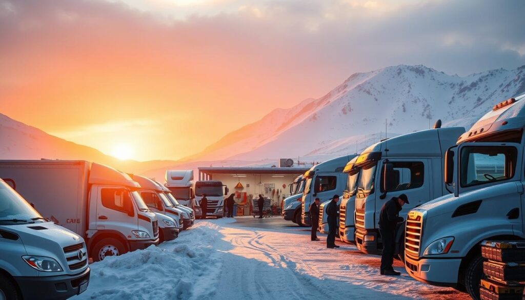 Fleet maintenance technician checking fluid levels during winter preparation