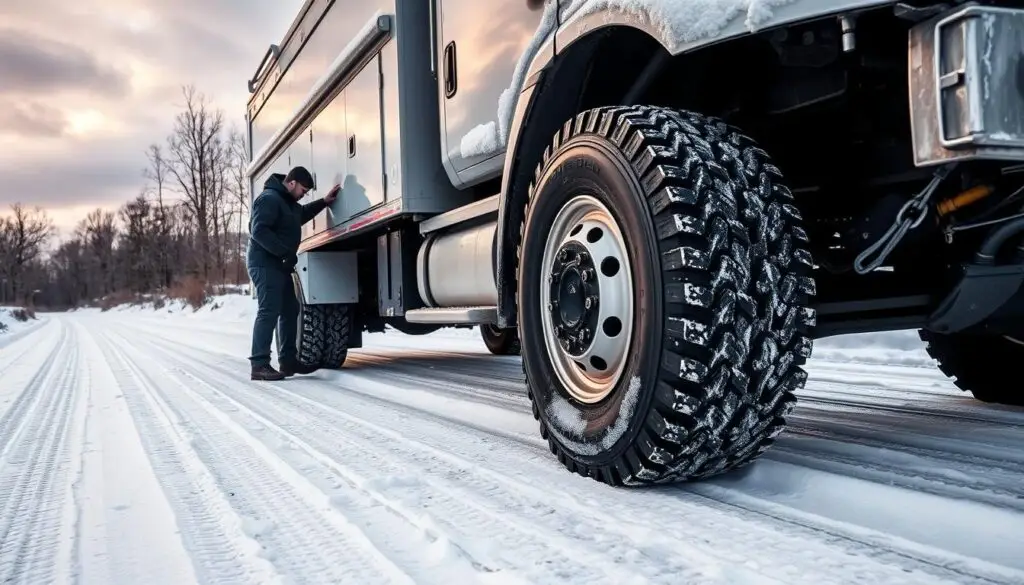 Commercial winter tire with aggressive tread pattern for mobile service truck