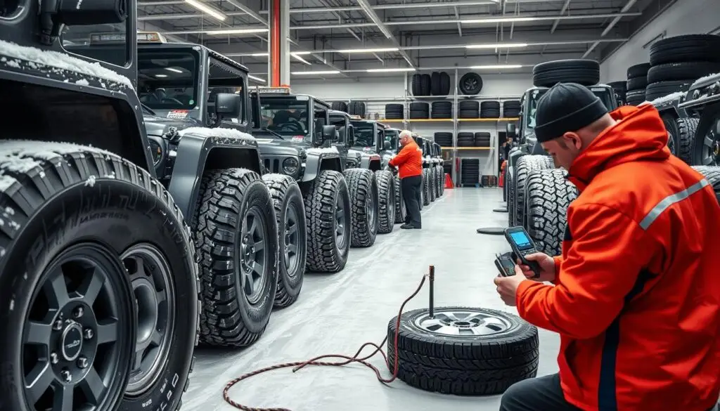 Fleet technician inspecting tire tread depth on commercial truck during winter preparation
