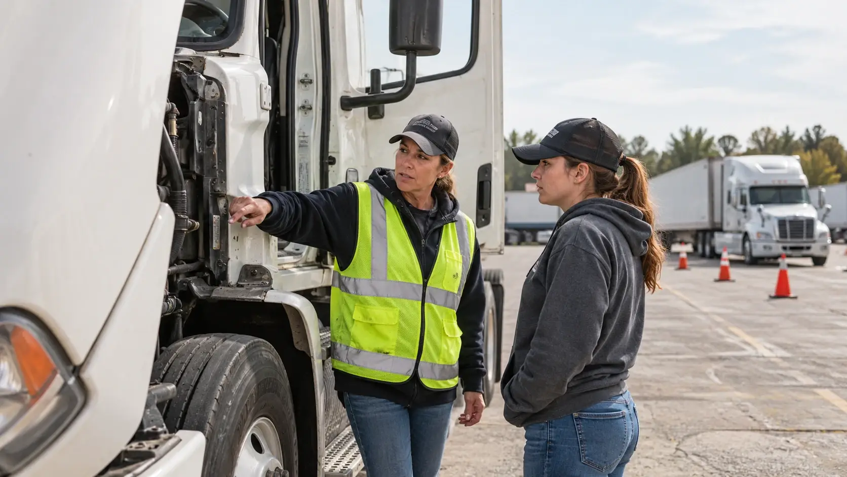 Female CDL instructor teaching a woman driver during a semi-truck pre-trip inspection at a commercial driver training yard.