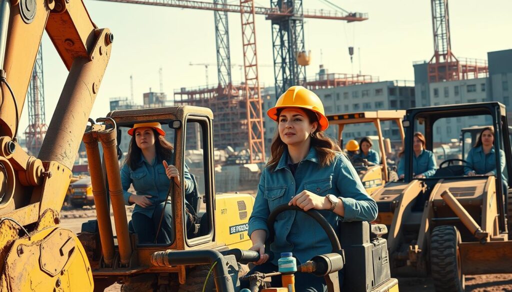 Women construction workers operating heavy equipment on a construction job site