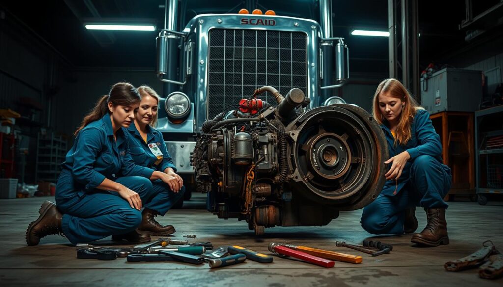 Female diesel technicians performing heavy-duty truck engine repairs in a commercial shop