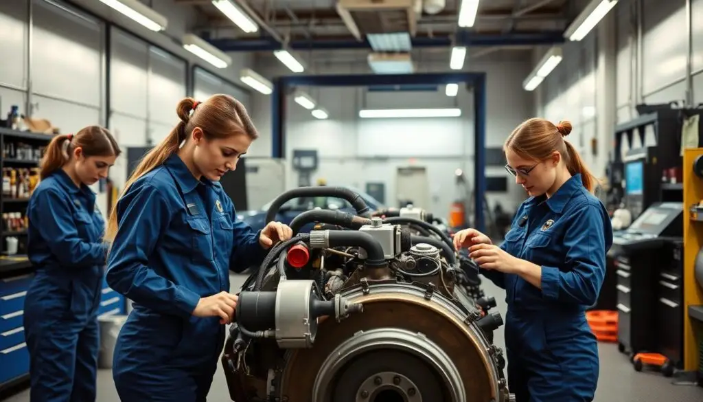Female diesel technicians diagnosing engine systems in modern repair facility