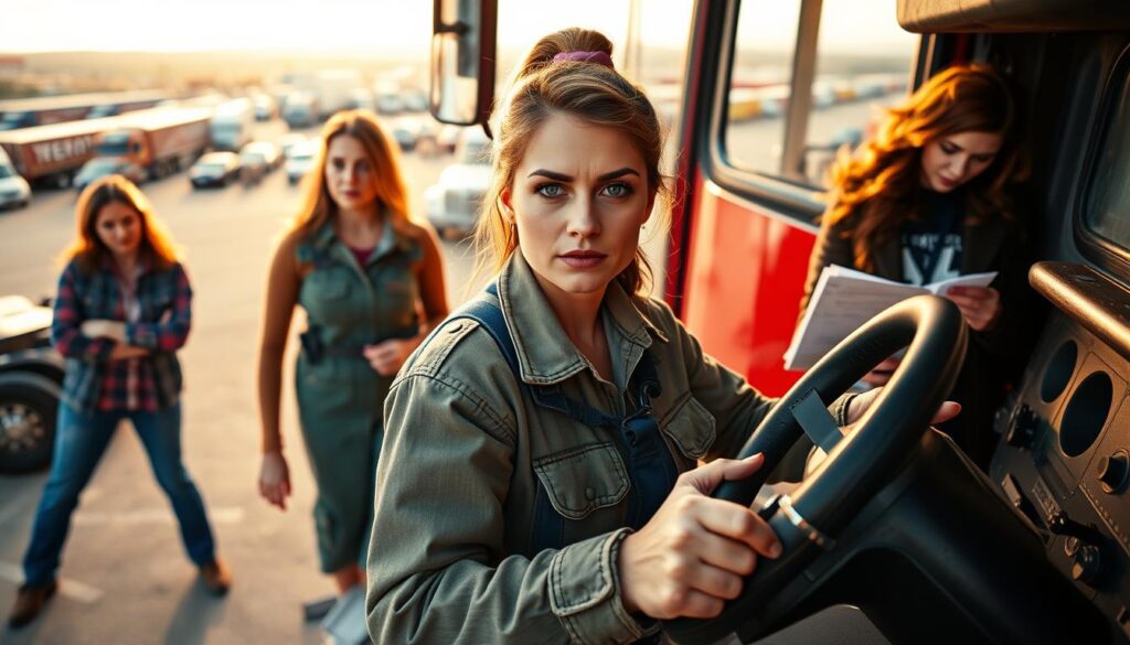 Woman truck driver confidently navigating industry challenges at a freight terminal