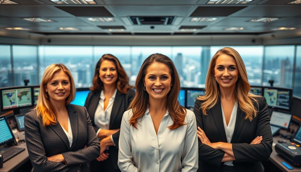 Women leaders in fleet telematics company boardroom reviewing data analytics