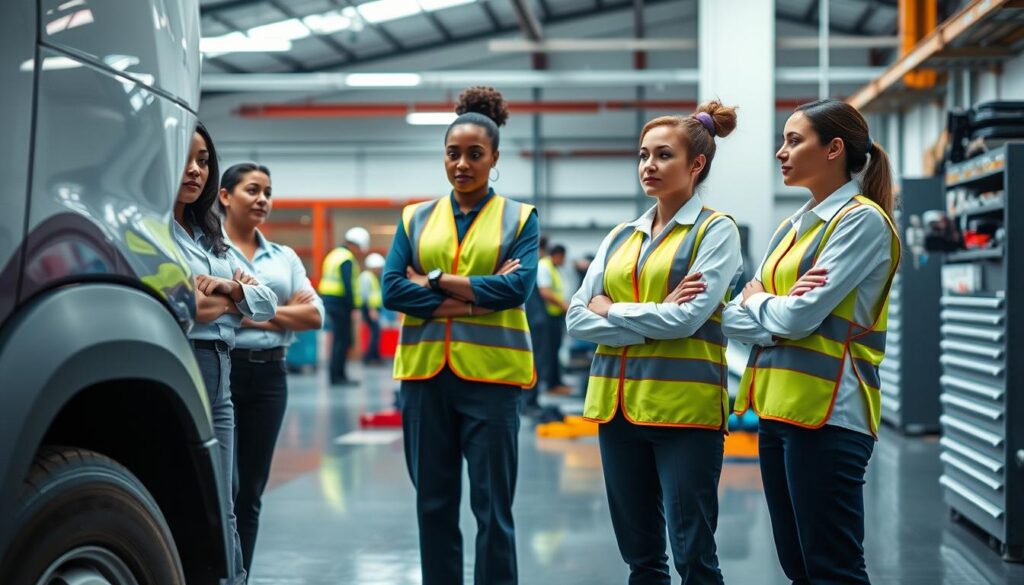 Female fleet manager reviewing preventive maintenance schedule with technician team
