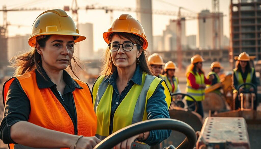 Female diesel technician troubleshooting construction equipment in professional shop setting