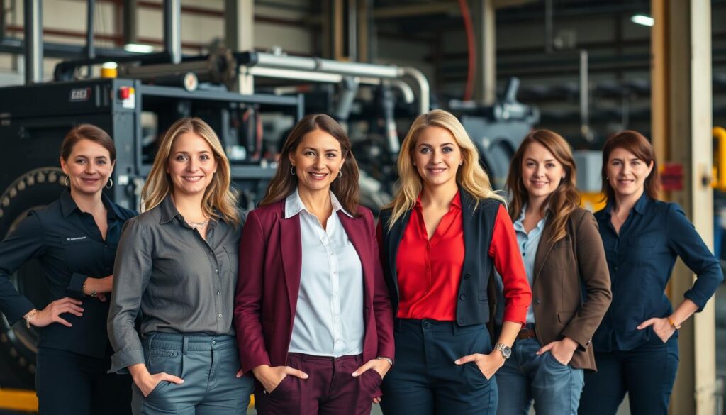Female diesel parts manager reviewing inventory in commercial truck shop