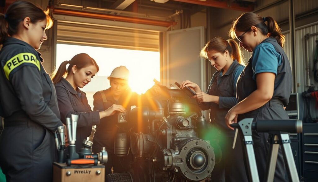 Female diesel technicians diagnosing engine issues in professional shop environment