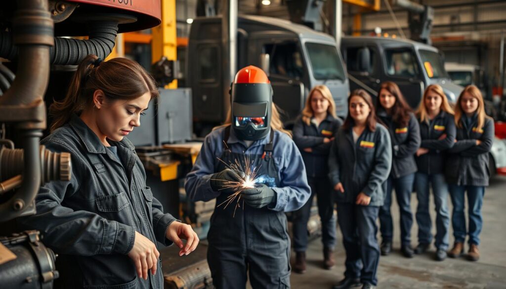 Female technician working in diesel service bay, representing women breaking barriers in skilled trades
