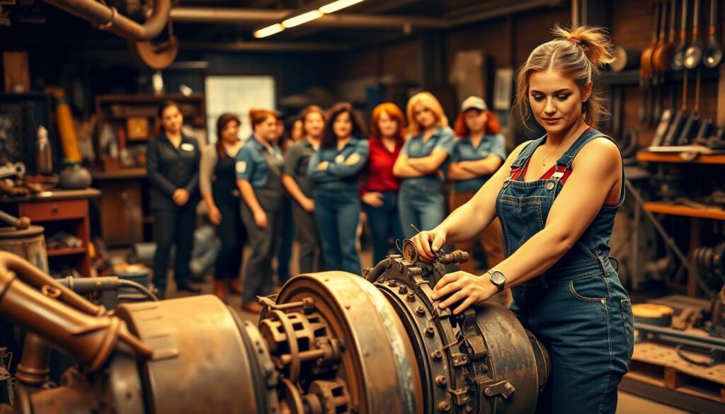 Historical photograph showing women mechanics servicing military vehicles during World War II