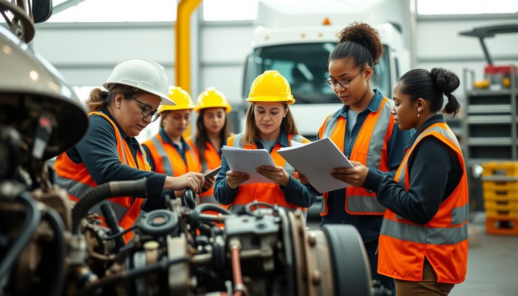 Diverse fleet maintenance team collaborating on vehicle inspection procedures