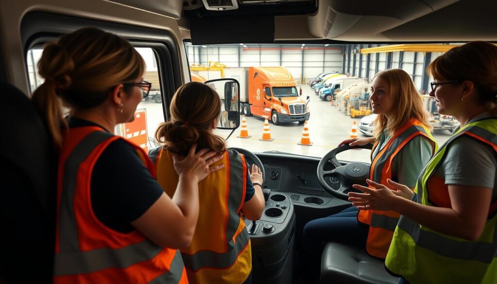 Female CDL instructor mentoring women student driver in professional training setting