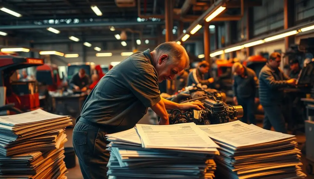 Fleet manager reviewing workers compensation costs and safety documentation