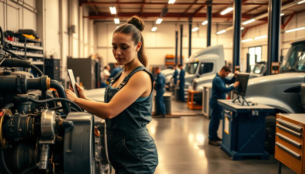 Diesel repair shop team collaborating on heavy-duty truck diagnostics