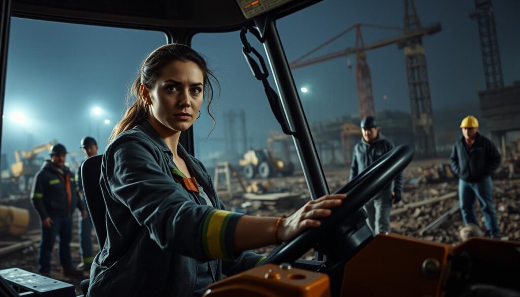 Female heavy equipment operator addressing workplace challenges on construction site