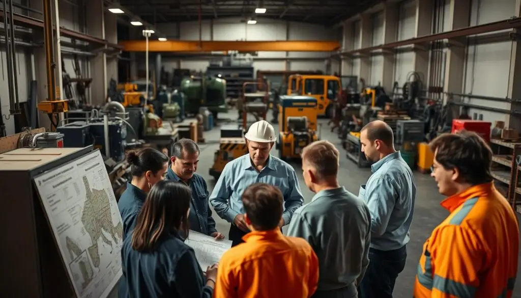 Technician conducting workplace hazard assessment at diesel repair facility