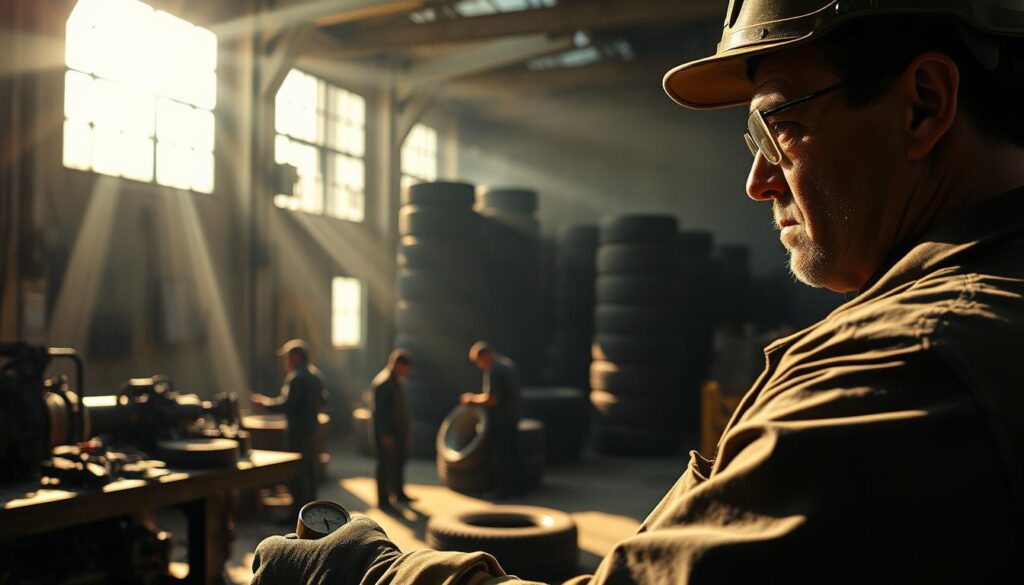 Heavy equipment repair environment showing multiple heat exposure risk factors