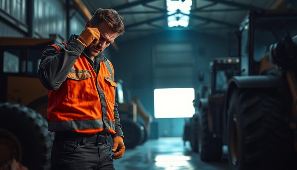 Heavy equipment technician working in high-temperature shop environment with visible heat sources