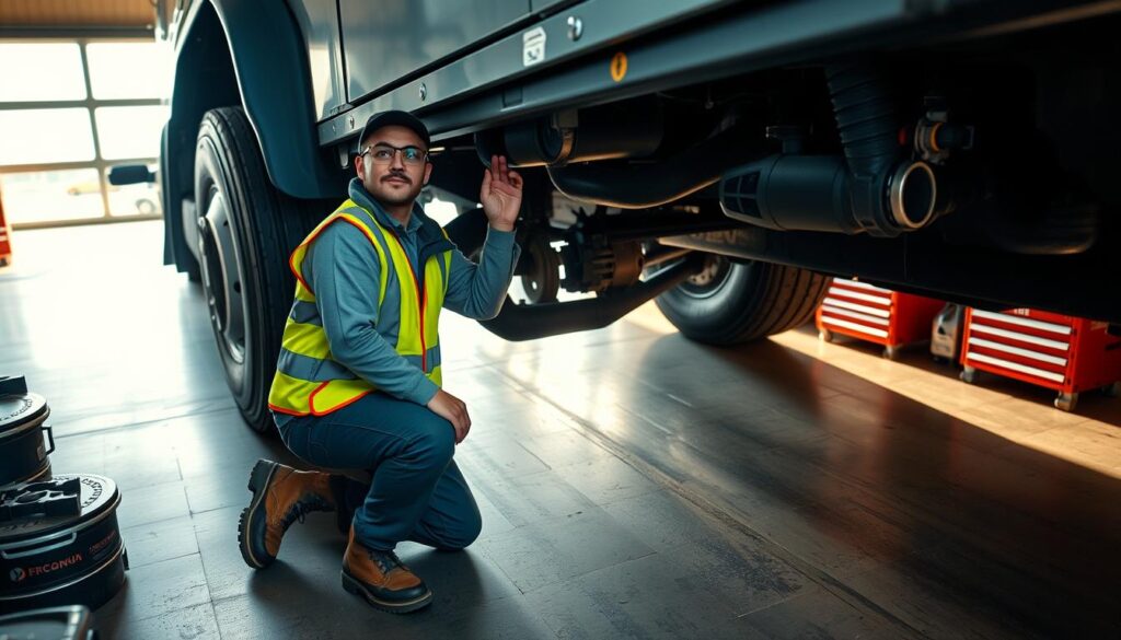 Diesel technician using proper safety techniques during engine repair to prevent workplace injuries