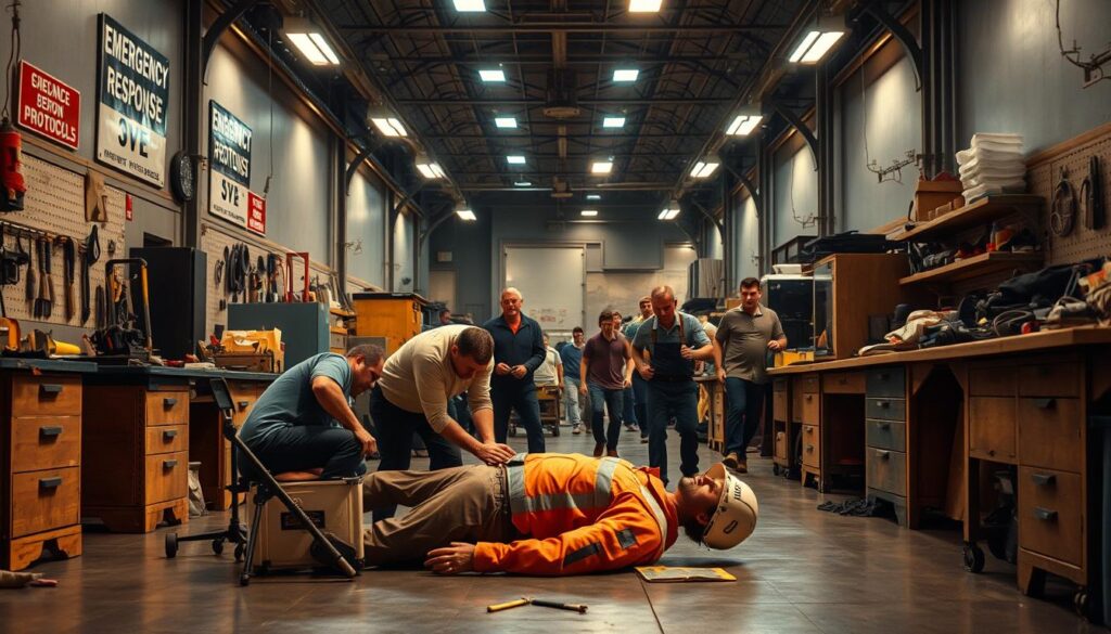 First aid station and emergency response equipment in diesel maintenance facility