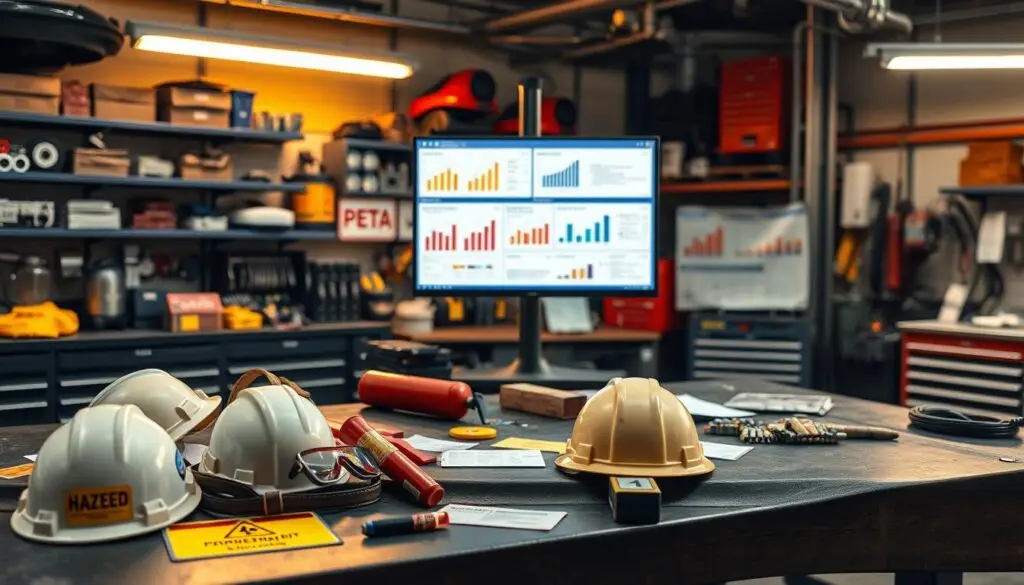 Diesel technician wearing proper PPE while performing brake system inspection